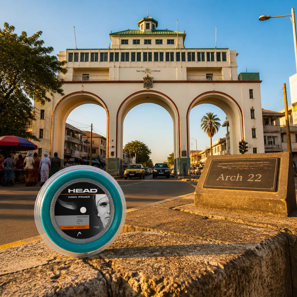 cardio tennis for calm — Arch 22 in Banjul, Tall white triple-arched monument with a viewing gallery straddling the main road into Banjul, topped by a small museum