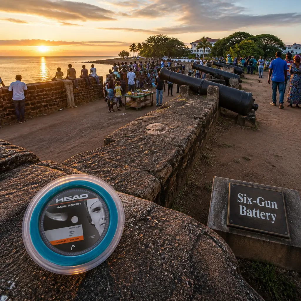 cardio tennis for calm — Six-Gun Battery in Banjul, Low stone gun battery with old cannon on the shoreline beside State House in Banjul, facing the mouth of the Gambia river