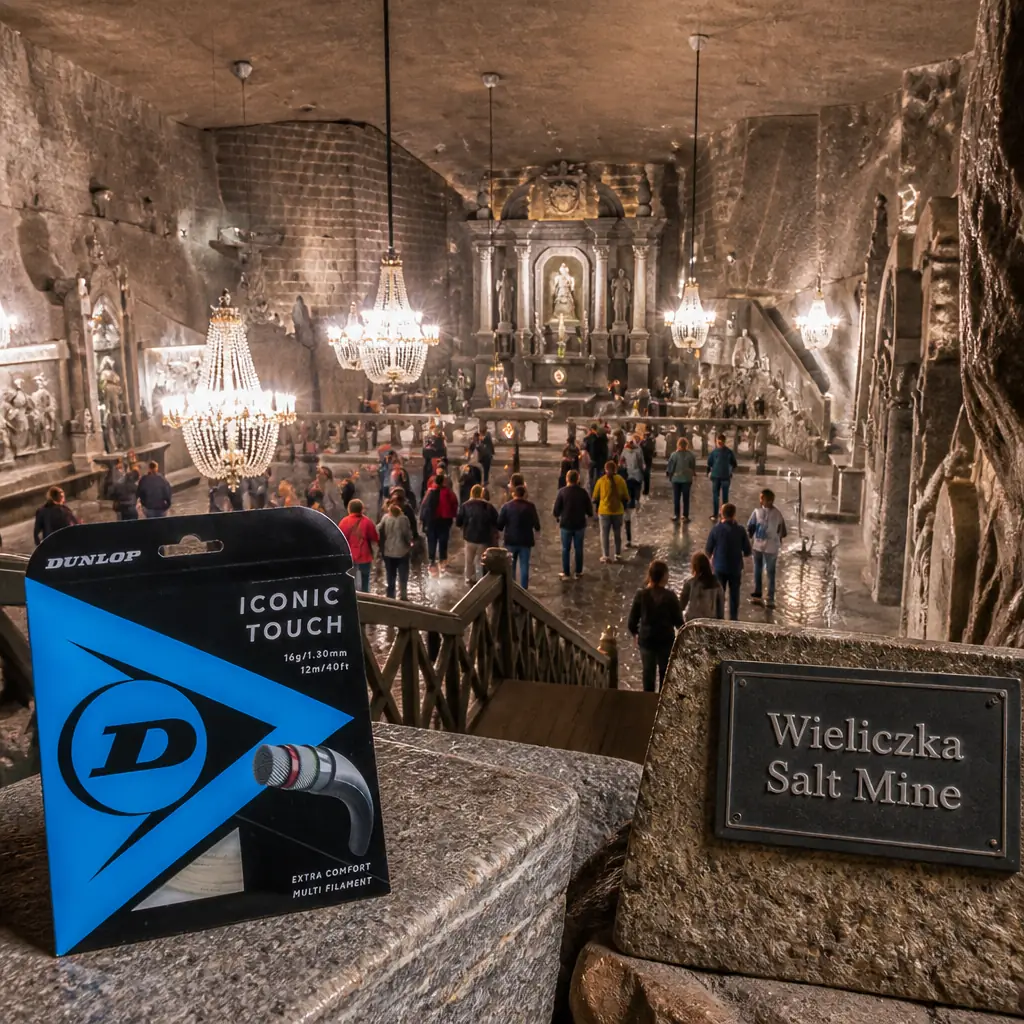 cardio tennis in 33314 — Wieliczka Salt Mine in Wieliczka, Timber-lined galleries and grey rock-salt corridors descending deep underground, opening into vast chambers with carved salt statues, log cribbing, and green brine lakes
