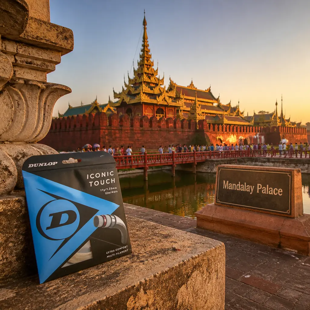 cardio tennis in 33316 — Mandalay Palace in Mandalay, A vast square walled citadel with crenellated red brick walls and a wide moat, enclosing tiered teak pavilions with gilded multi-roofed spires at its centre