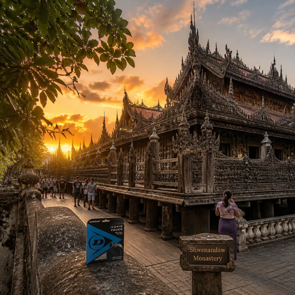 cardio tennis in 33316 — Shwenandaw Monastery in Mandalay, A dark teak monastery raised on posts, every surface densely carved with figures and flame-like ornament, its tiered roofs weathered silver-brown