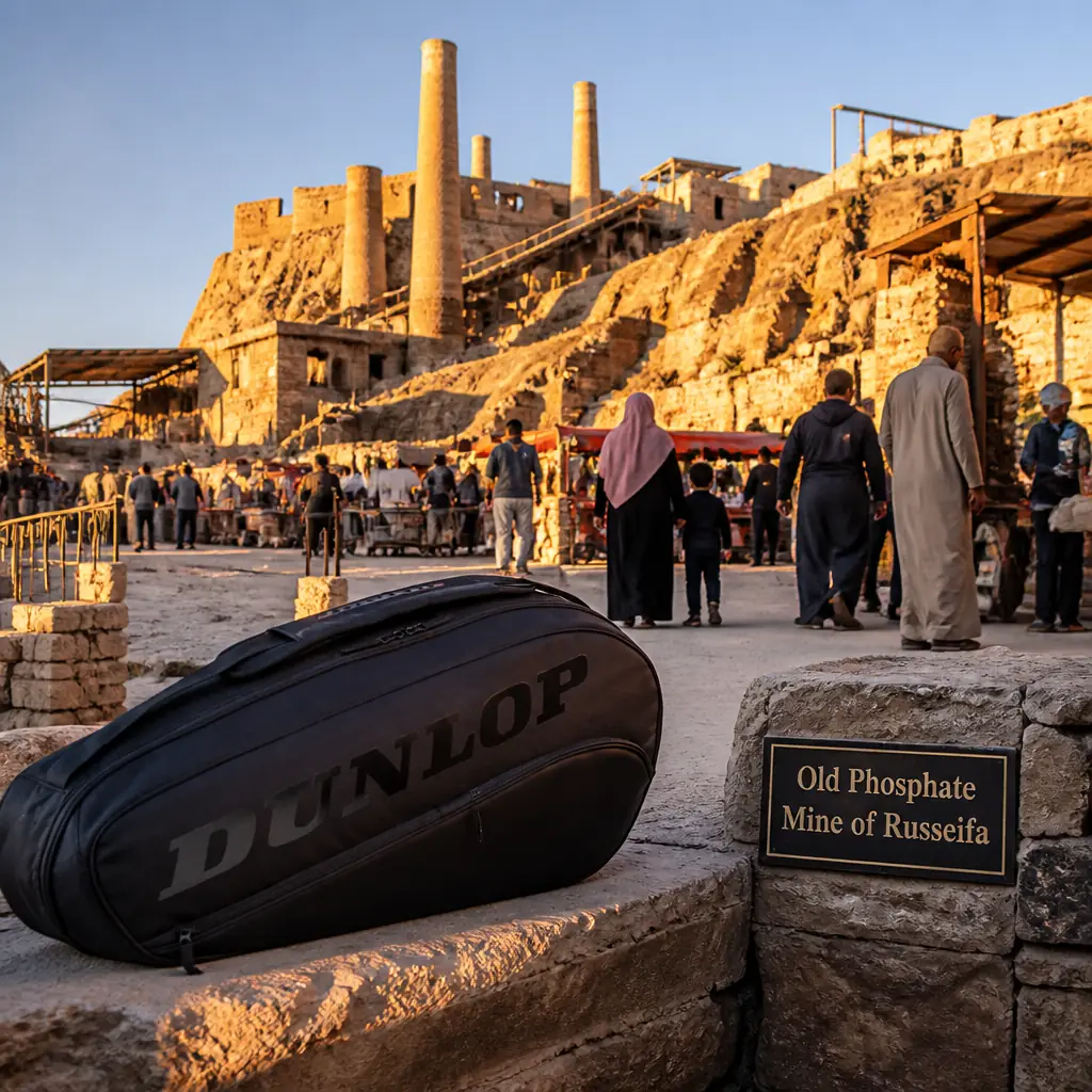 cardio tennis in 33319 — Old Phosphate Mine of Russeifa in Russeifa, Abandoned mine tunnels, open pits, and pale spoil heaps with a scatter of early twentieth-century stone industrial buildings on the edge of the crowded city of Russeifa