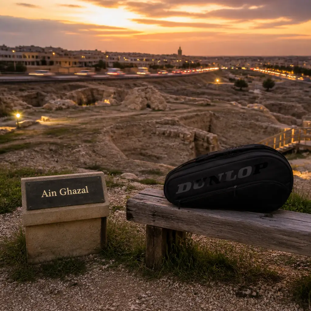 cardio tennis in 33319 — Ain Ghazal in Russeifa, A bare terraced archaeological slope above the Zarqa River on the Amman-Russeifa corridor, with excavation trenches cut into pale earth beside the highway