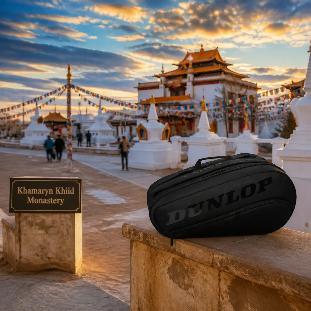 cardio tennis in 33321 — Khamaryn Khiid Monastery in Sainshand, A walled desert monastery of white temples with orange roofs, prayer flags, and stupas standing alone on the flat gravel plain of the Gobi south of Sainshand