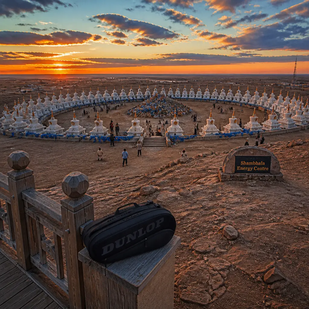 cardio tennis in 33321 — Shambhala Energy Centre in Sainshand, A great ring of 108 white stupas enclosing a bare ochre patch of Gobi desert, hung with blue prayer scarves, under an enormous empty sky