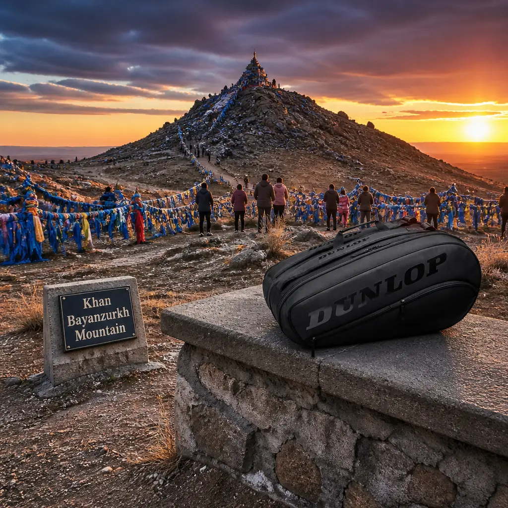cardio tennis in 33321 — Khan Bayanzurkh Mountain in Sainshand, A solitary dark rocky peak rising from the flat Gobi plain, crowned with a large stone cairn wrapped in blue silk scarves and surrounded by offerings