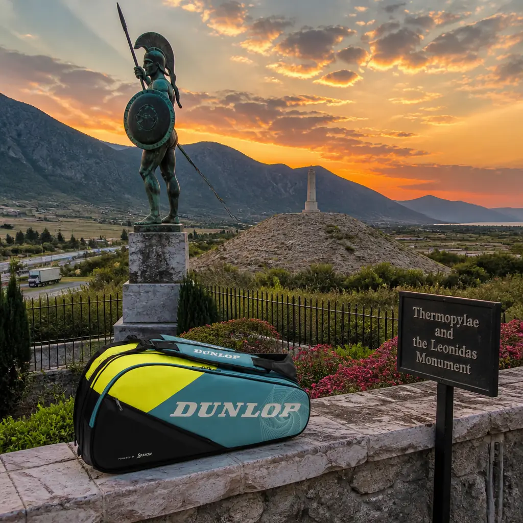 cardio tennis in 33322 — Thermopylae and the Leonidas Monument in Lamia, A bronze statue of an armoured Spartan king with spear and shield on a stone plinth beside the highway, facing a low burial mound in a narrow plain between mountains and sea