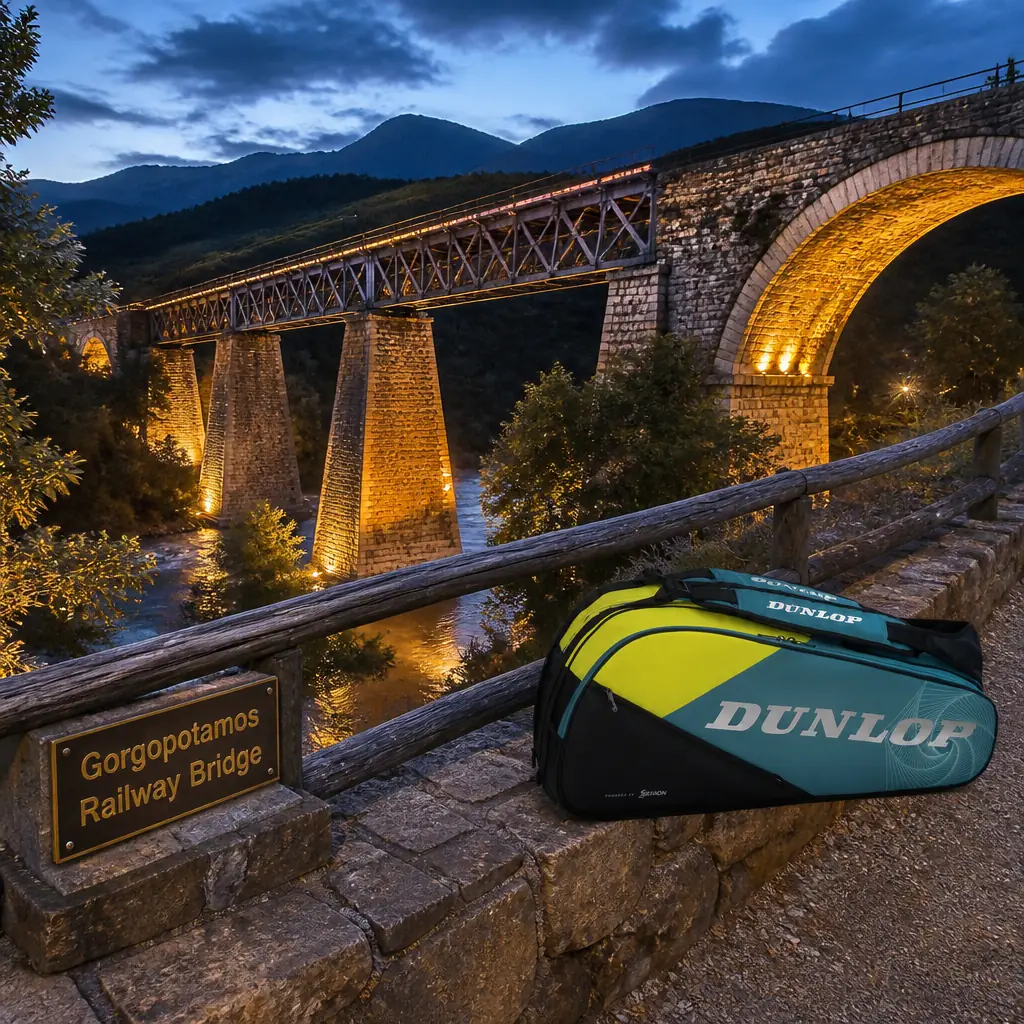 cardio tennis in 33322 — Gorgopotamos Railway Bridge in Lamia, A tall steel railway viaduct on stone piers striding across a wooded river gorge, with the mountains of central Greece rising behind