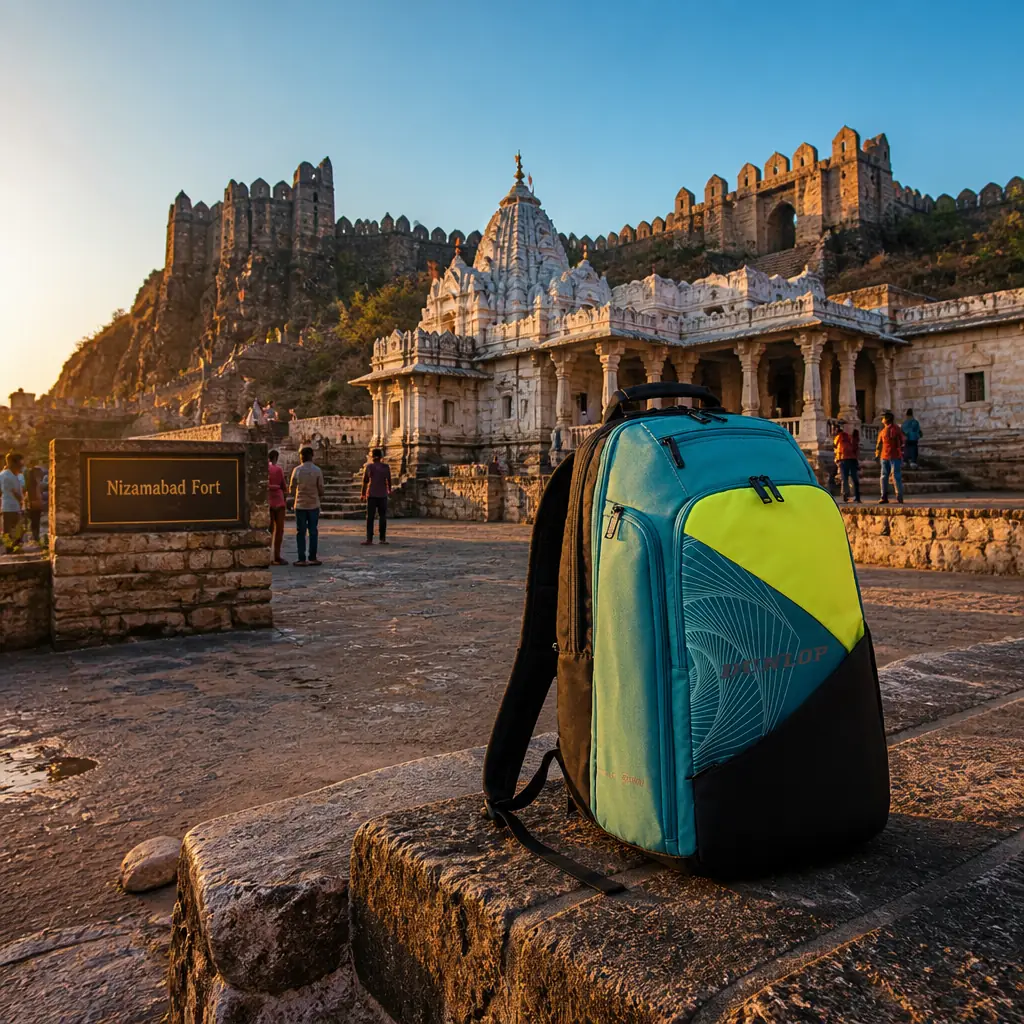 cardio tennis in 33323 — Nizamabad Fort in Nizamabad, A hilltop fort with battlemented stone walls and gateways enclosing a whitewashed temple with corridors and pillared halls, overlooking the city of Nizamabad