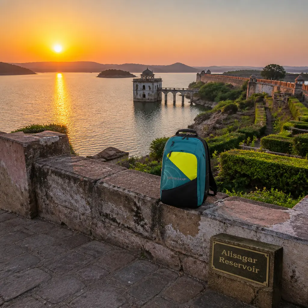 cardio tennis in 33323 — Alisagar Reservoir in Nizamabad, A broad irrigation lake held by an earthen bund amid low hills, fringed by terraced gardens, an island, and old waterworks structures from the Nizam era