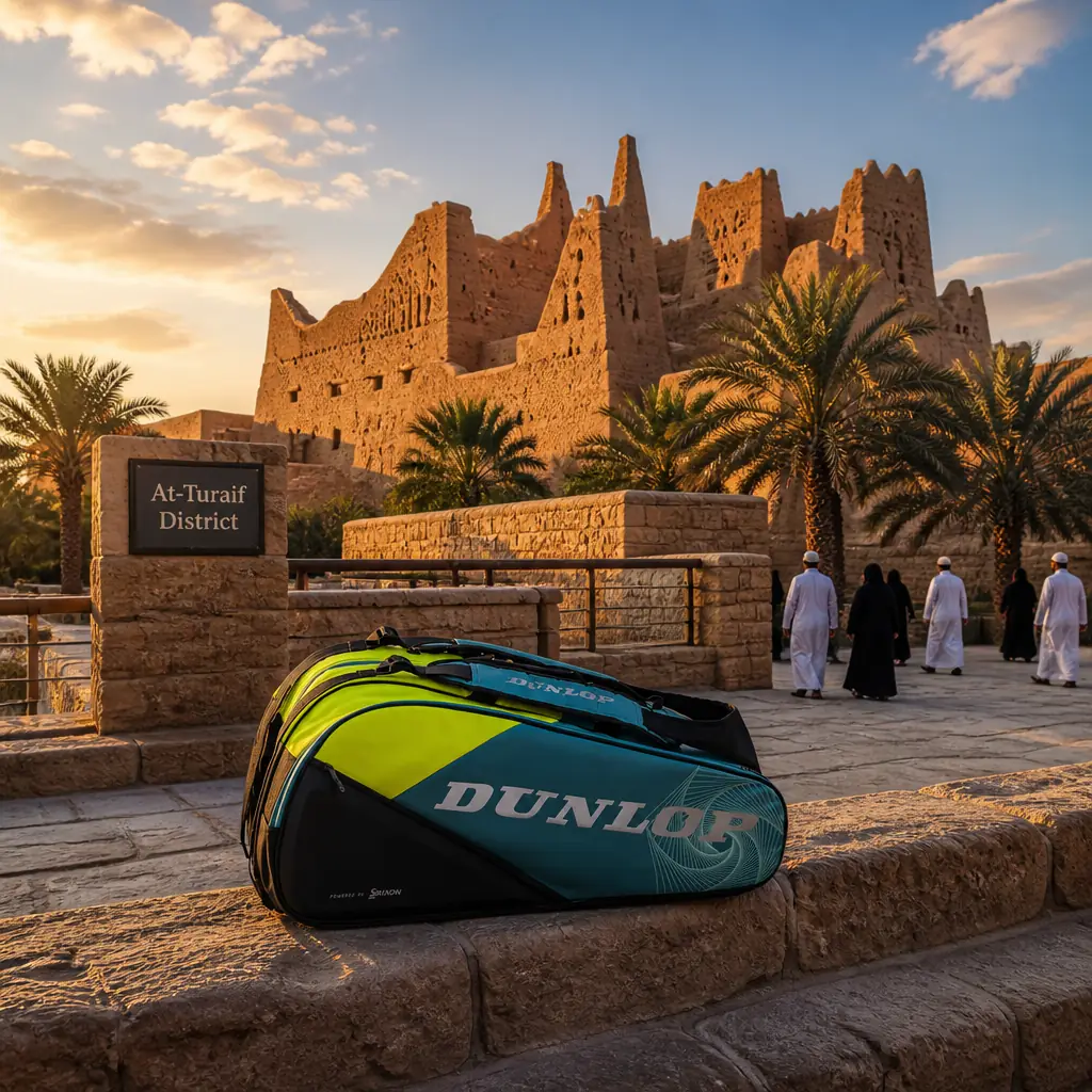 cardio tennis in 33324 — At-Turaif District in Diriyah, A citadel of tawny mud-brick palaces with battered walls, triangular window openings, and crenellated towers rising above the green palm groves of Wadi Hanifah