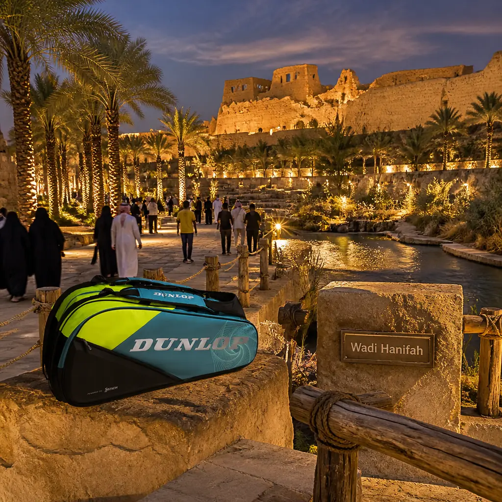 cardio tennis in 33324 — Wadi Hanifah in Diriyah, A long green valley of date palms, tamarisks, and stone-lined water channels cutting through the desert plateau beneath the mud-brick walls of old Diriyah