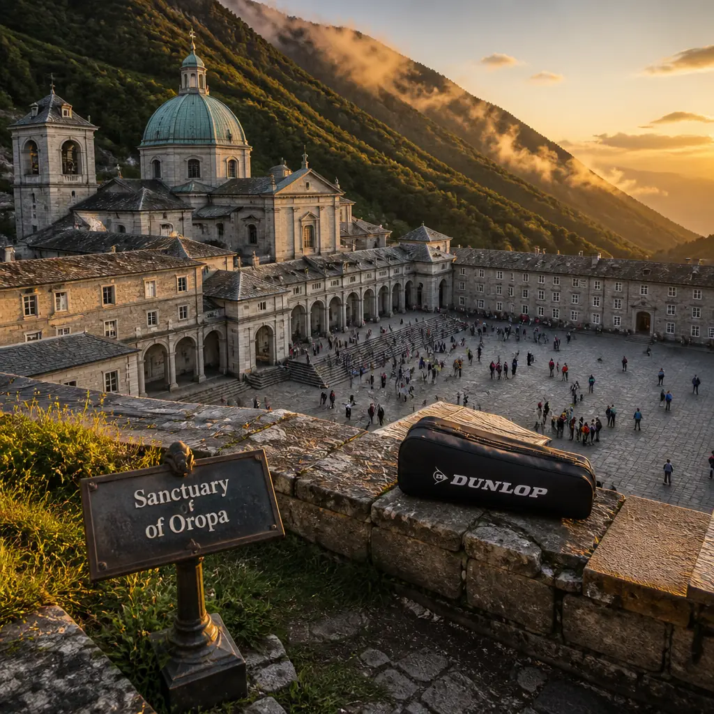 cardio tennis in 33325 — Sanctuary of Oropa in Biella, A monumental complex of grey stone courtyards, arcades, and a great domed church set against steep green alpine slopes above Biella, mist drifting over the surrounding peaks