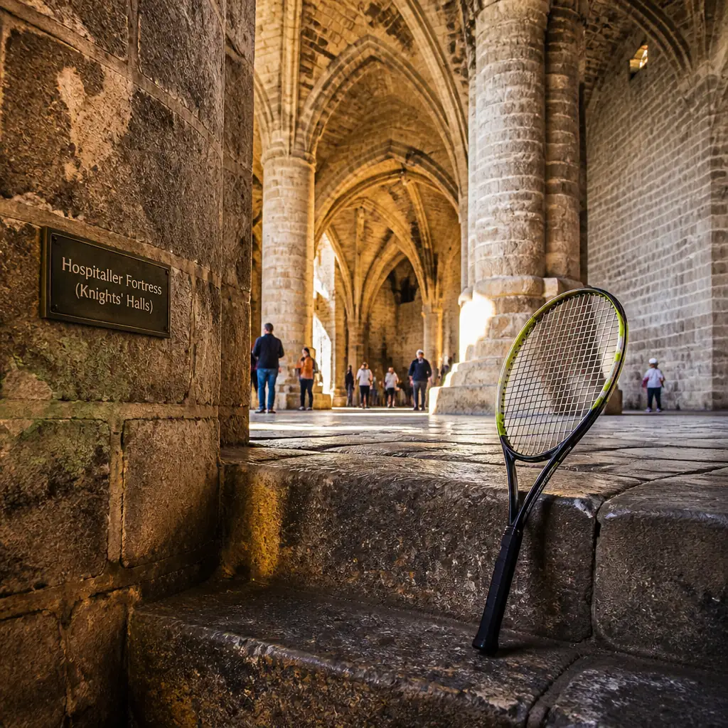 cardio tennis in 33326 — Hospitaller Fortress (Knights' Halls) in Acre, Immense vaulted Gothic stone halls with massive piers and rib vaults, lit by shafts of light, buried beneath the Ottoman citadel of Acre's old city