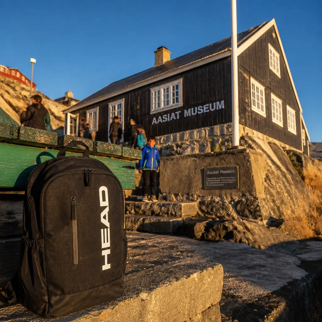 cardio tennis in 33351 — Aasiaat Museum in Aasiaat, A dark timber colonial house from the 1800s with white-framed windows, standing among rocks above the harbour, its rooms filled with kayaks, tools, and hunting gear
