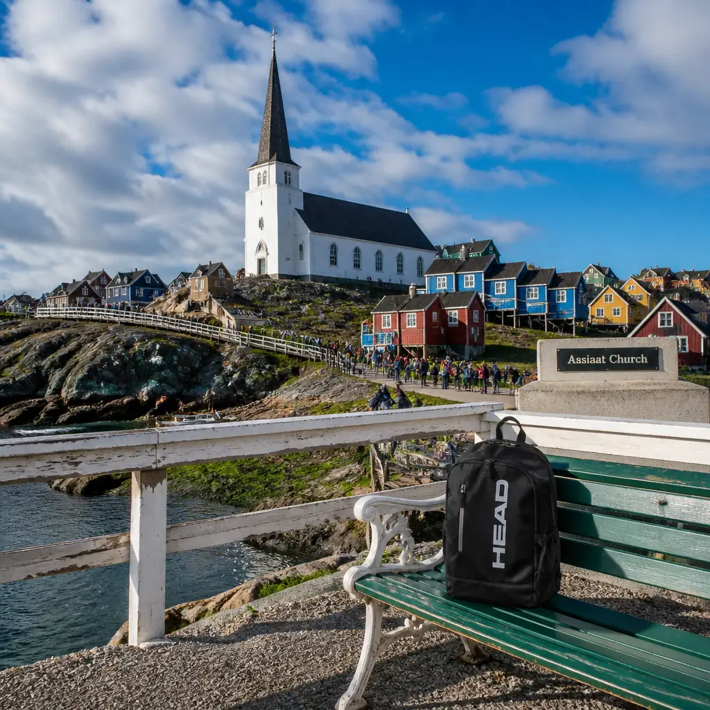 cardio tennis in 33351 — Aasiaat Church in Aasiaat, A white church with an elegant spire standing out against the low rocky townscape of colourful wooden houses, near the harbour of Aasiaat