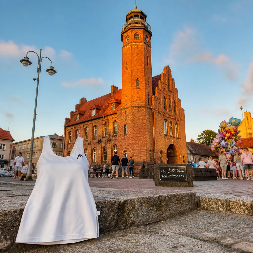 cardio tennis in 33394 — Dom Rybaka (Fisherman's House) in Władysławowo, A monumental brick civic building with a tall slender clock tower resembling a lighthouse, rising above the low resort town and harbour of Władysławowo
