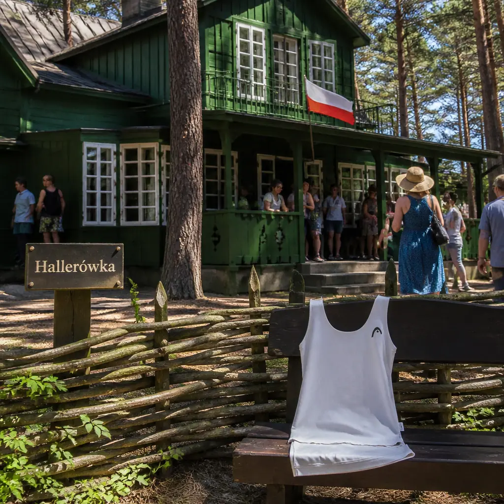 cardio tennis in 33394 — Hallerówka in Władysławowo, A modest wooden seaside villa with a veranda, set among pines near the beach, preserved as a small museum with military memorabilia