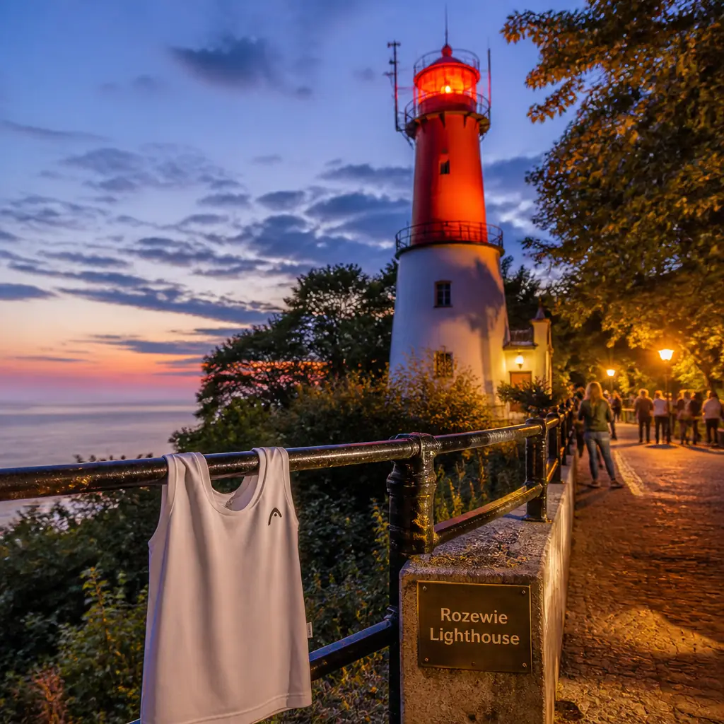 cardio tennis in 33394 — Rozewie Lighthouse in Władysławowo, A round red-topped lighthouse tower standing above a steep wooded cliff at Poland's northernmost cape, the Baltic stretching away below