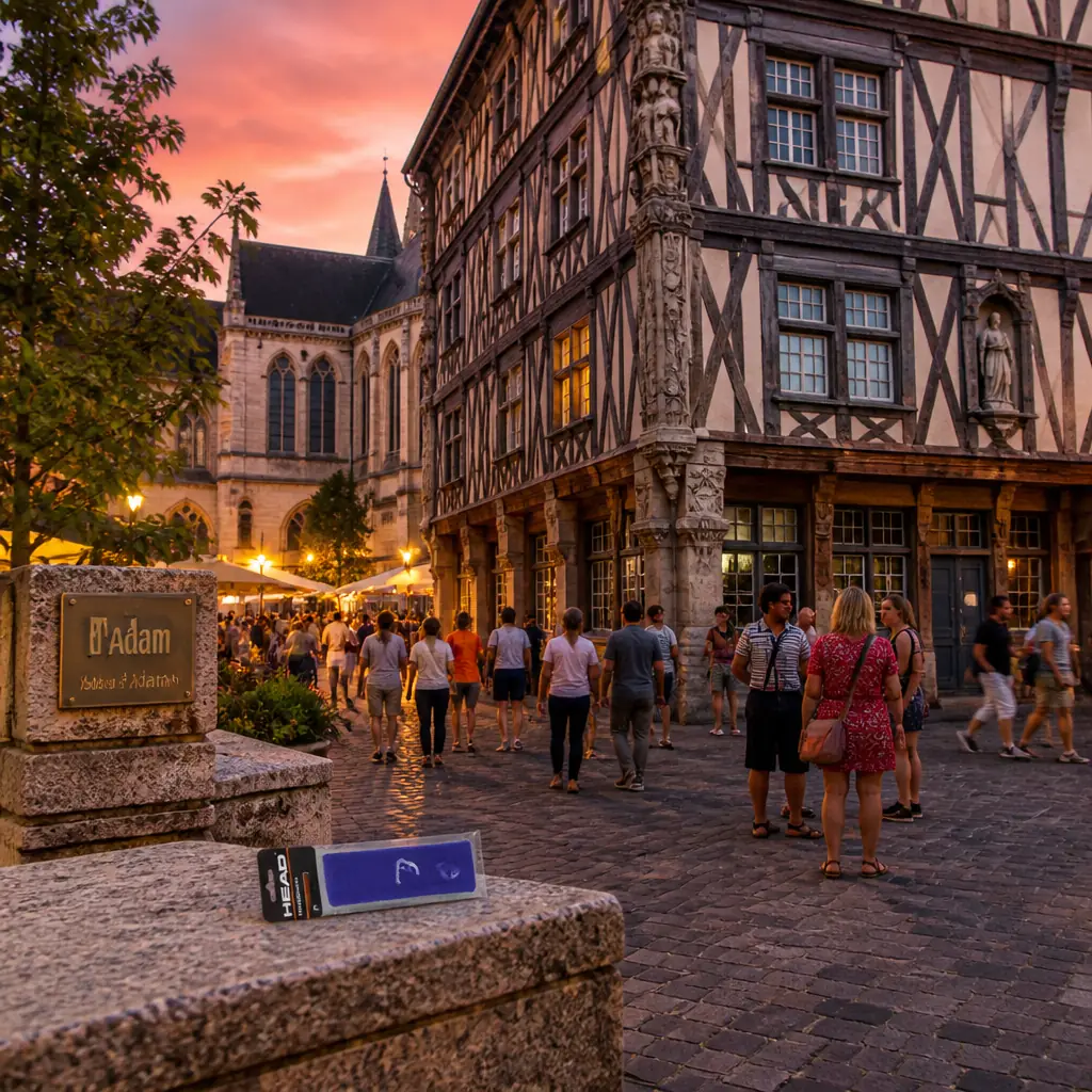cardio tennis instruction — Maison d'Adam in Angers, A tall half-timbered medieval house of dark carved beams, its corner posts crowded with sculpted figures, leaning over a square behind the cathedral