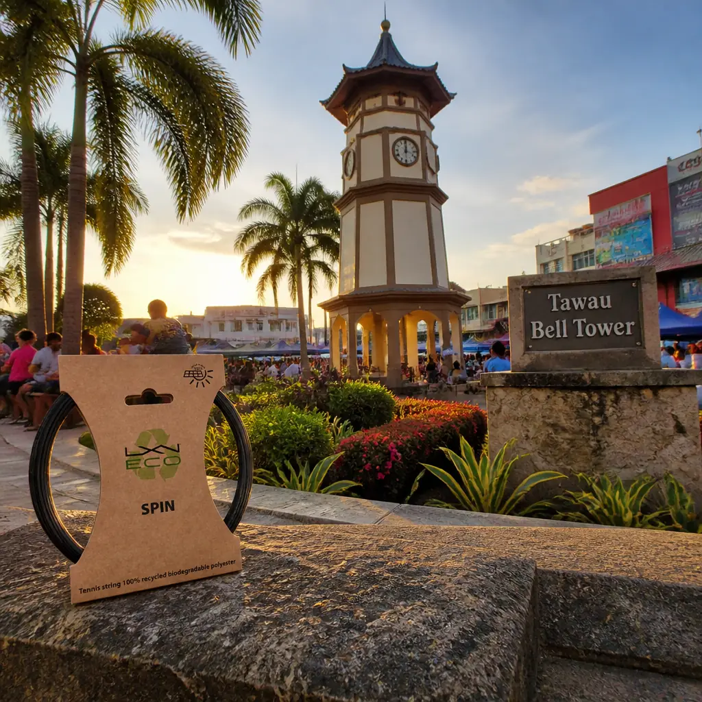 cardio tennis lessons Coral Ridge — Tawau Bell Tower in Tawau, A small hexagonal clock tower with a conical roof of Japanese design, painted cream and brown, standing in a tidy garden amid a tropical town centre