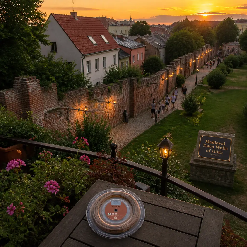 cardio tennis lessons Croissant Park — Medieval Town Walls of Góra in Góra, Fragments of weathered red-brick defensive wall running between houses and greenery, patched and mossy, tracing the oval outline of an old town core