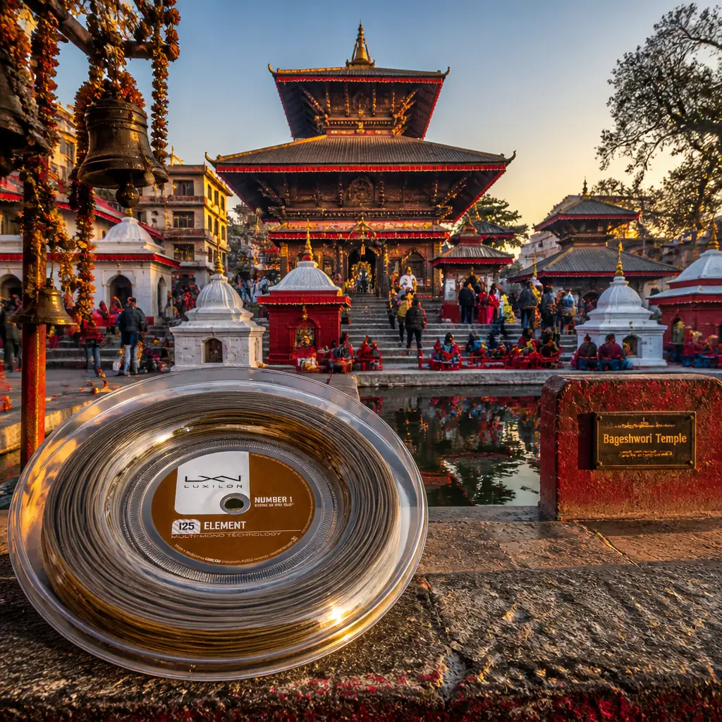 cardio tennis lessons Dorsey Riverbend — Bageshwori Temple in Nepalgunj, A pagoda-roofed Hindu temple compound with white and red shrines around a sacred pond, thronged with pilgrims, bells, and marigold garlands