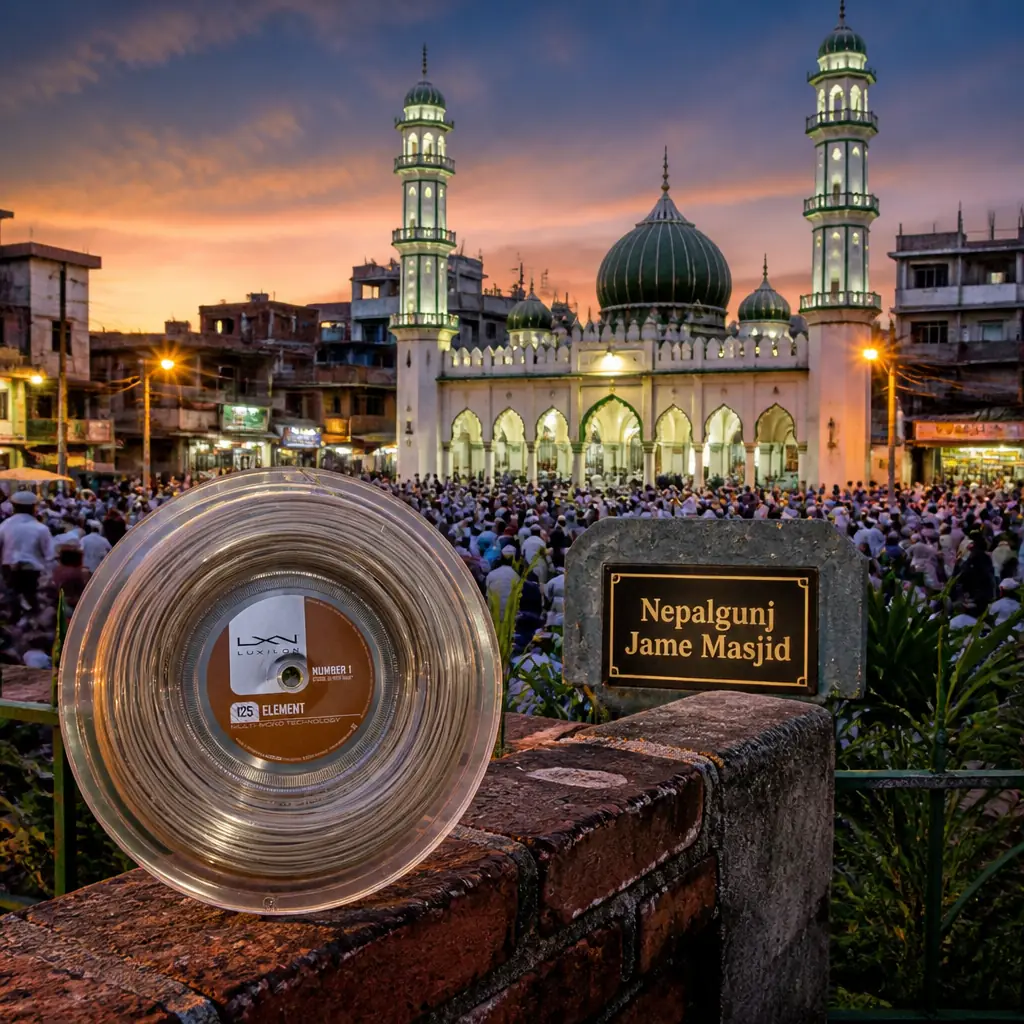 cardio tennis lessons Dorsey Riverbend — Nepalgunj Jame Masjid in Nepalgunj, A white mosque with green trim, domes, and paired minarets rising over bazaar rooftops, its courtyard busy with worshippers at prayer time