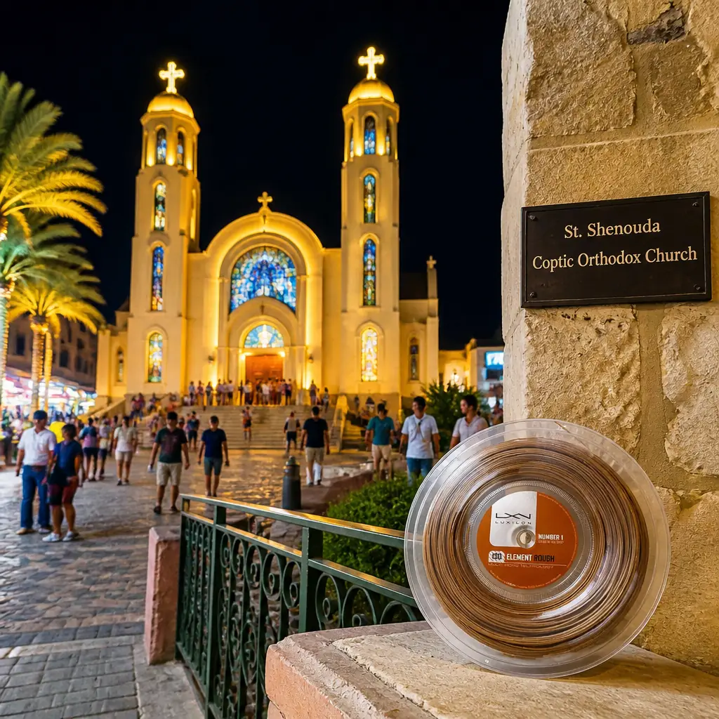 cardio tennis lessons Flagler Village — St. Shenouda Coptic Orthodox Church in Hurghada, A Coptic church with twin towers, crosses, and arched stained-glass windows, its pale facade rising above the streets of an old Red Sea town quarter