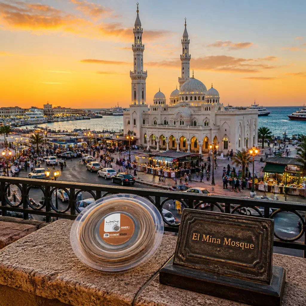 cardio tennis lessons Flagler Village — El Mina Mosque in Hurghada, A grand white mosque with two tall minarets and arcaded facades standing on the harbour front, fishing boats and turquoise sea beyond