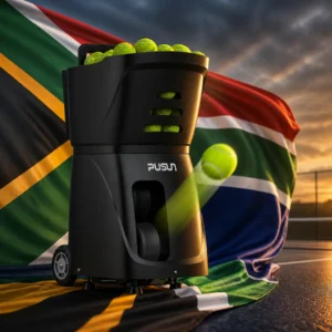 cardio tennis lessons Lauderdale Manors — the PUSUN Smart Tennis Ball Machine combined with the national flag of South Africa