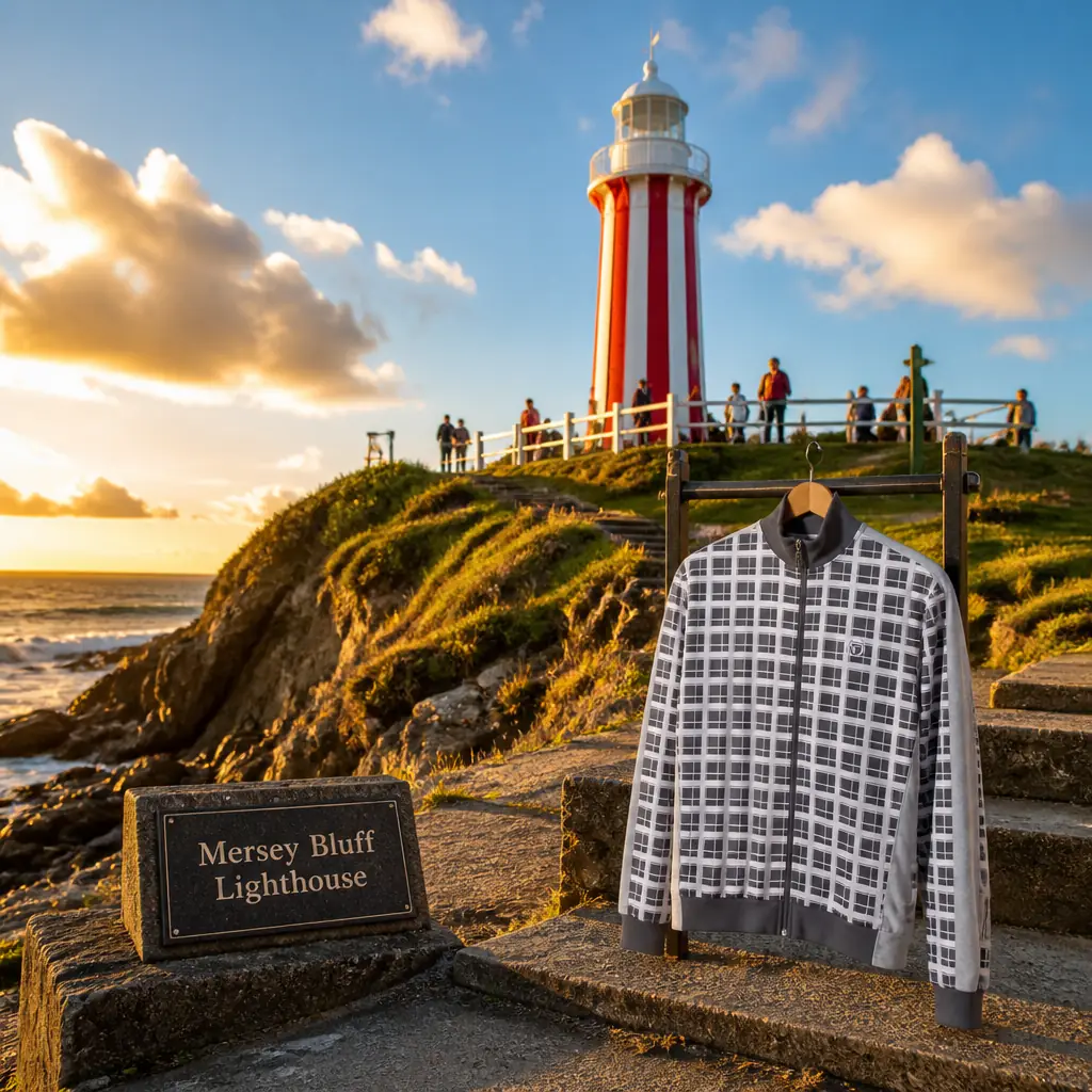 cardio tennis lessons Lazy Lake — Mersey Bluff Lighthouse in Devonport, A white lighthouse with bold vertical red stripes standing on a grassy headland above Bass Strait, surf breaking on dark rocks below