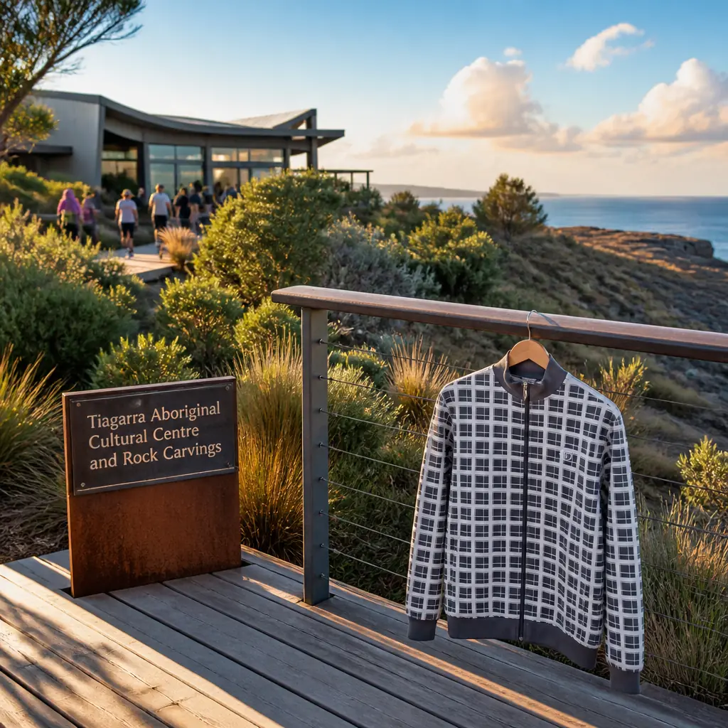 cardio tennis lessons Lazy Lake — Tiagarra Aboriginal Cultural Centre and Rock Carvings in Devonport, Ancient circular and animal-form petroglyphs pecked into dark dolerite coastal rock on a headland, with interpretive centre buildings among coastal heath