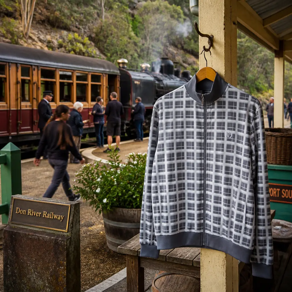 cardio tennis lessons Lazy Lake — Don River Railway in Devonport, A heritage steam train with restored wooden carriages running beside a tidal river through eucalypt bush, vintage station buildings and rolling stock nearby