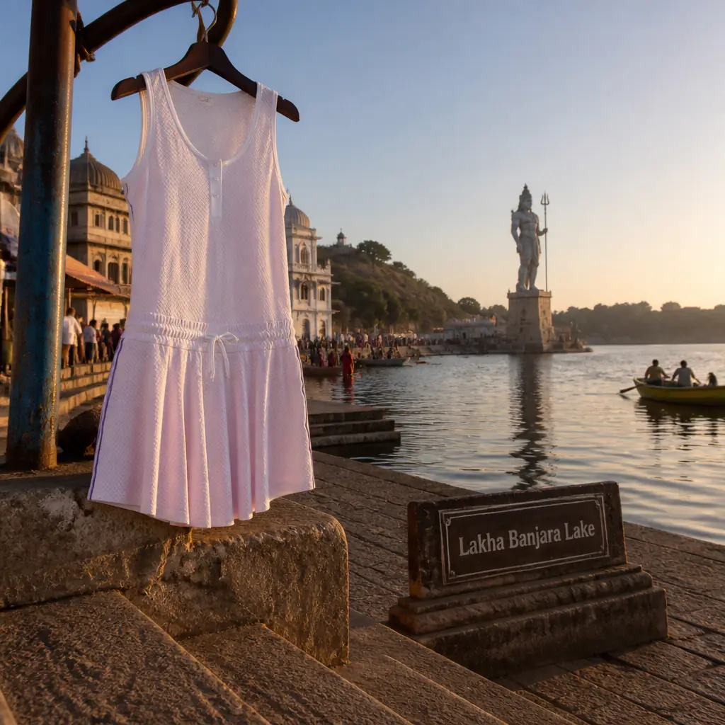 cardio tennis lessons — Lakha Banjara Lake in Sagar, A broad urban lake ringed by ghats, temples, and hills, with a tall statue rising from the water and boats drifting at dusk