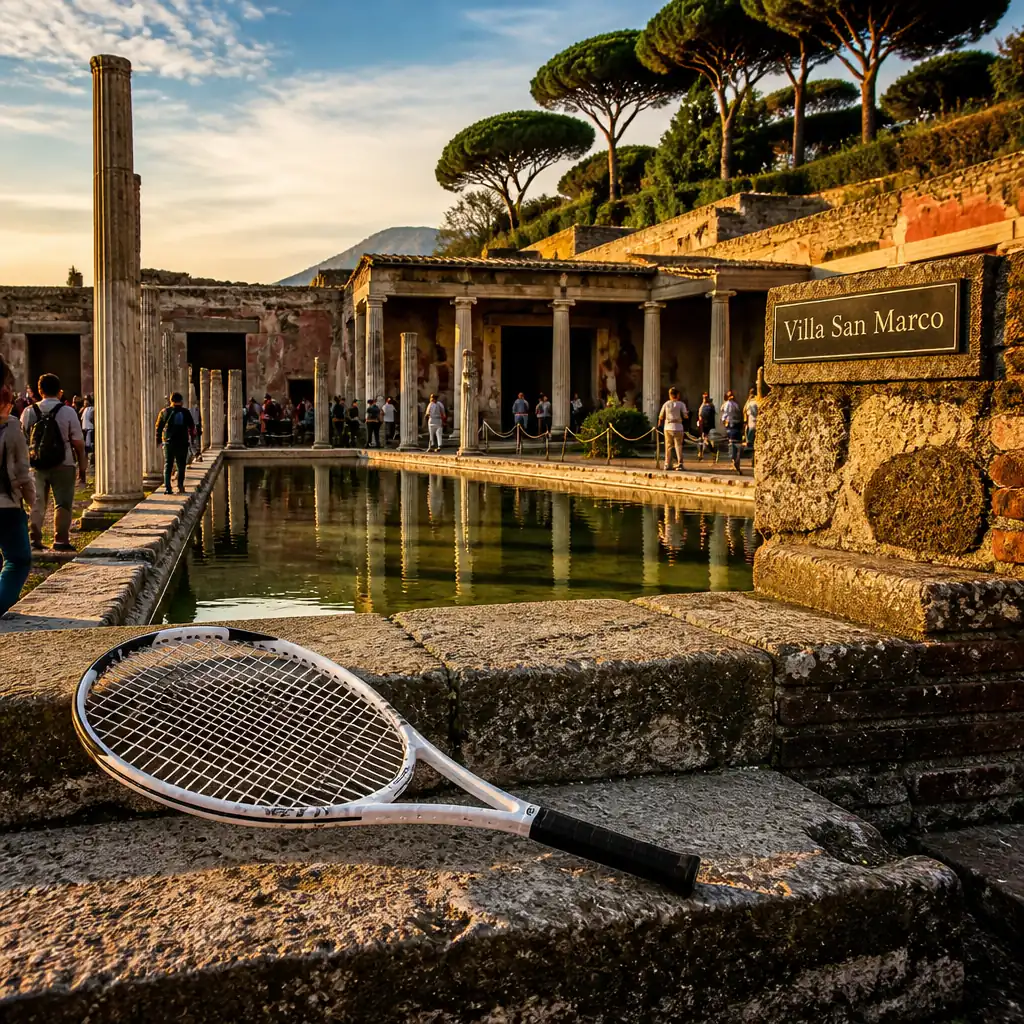 cardio tennis lessons Seven Isles — Villa San Marco in Castellammare di Stabia, Excavated Roman villa ruins with red and ochre frescoed walls, a colonnaded courtyard around a long pool, and umbrella pines, on a hill terrace above the Bay of Naples at Castellammare di Stabia