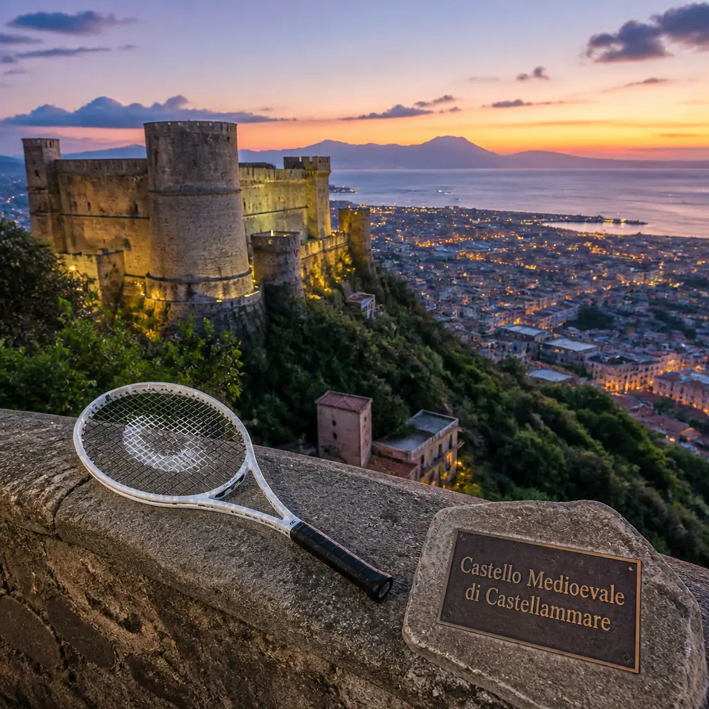cardio tennis lessons Seven Isles — Castello Medioevale di Castellammare in Castellammare di Stabia, A gray stone medieval castle with round and square towers on a spur of the Lattari mountains, looking straight down over the rooftops and harbor of Castellammare di Stabia and the Bay of Naples