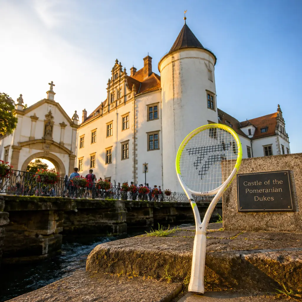 cardio tennis lessons Shady Banks — Castle of the Pomeranian Dukes in Słupsk, A white Renaissance castle with a round corner tower and steep roofs beside the Słupia river in Słupsk, adjoining an old mill and gate, its plain walls trimmed with stone window frames