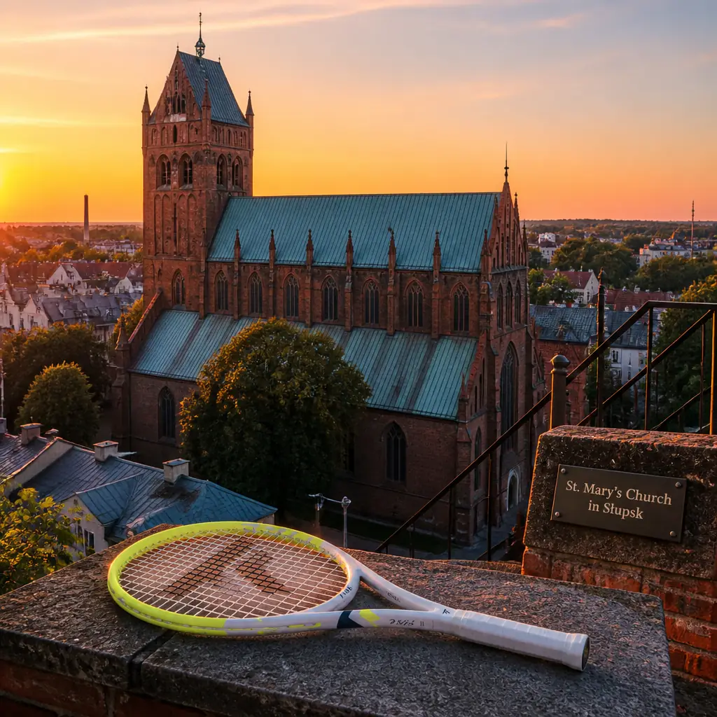 cardio tennis lessons Shady Banks — St. Mary's Church in Słupsk in Słupsk, A massive gothic brick church with a high square west tower and steep copper roof, its dark red walls buttressed and pierced by tall lancet windows, rising above the old town of Słupsk