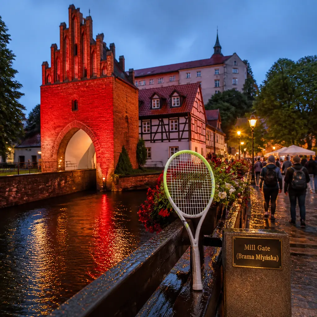 cardio tennis lessons Shady Banks — Mill Gate (Brama Młyńska) in Słupsk, A squat medieval brick gate tower with a pointed archway and stepped gable standing over a channel of the Słupia river, beside a half-timbered mill and the castle in Słupsk