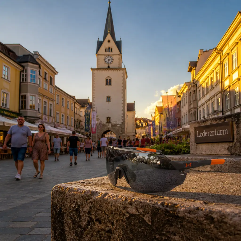 cardio tennis lessons Sunrise Key — Ledererturm in Wels, A tall town gate tower of white-washed masonry with a pointed dark roof and clock, closing the end of the long market square of Wels