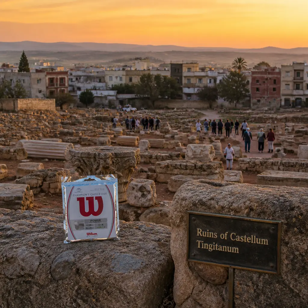 cardio tennis Melrose Manors — Ruins of Castellum Tingitanum in Chlef, Scattered Roman column drums, carved capitals, and wall footings emerging from red earth among modern buildings, framed by the hazy Chelif valley hills