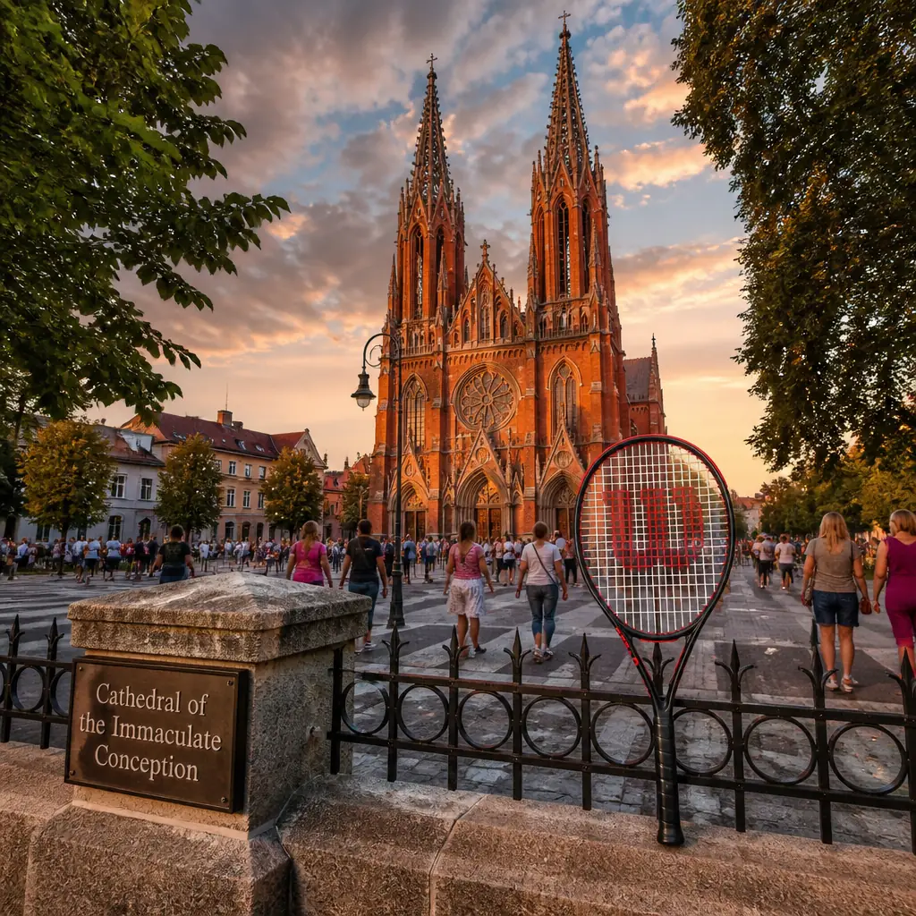 cardio tennis Melrose Park — Cathedral of the Immaculate Conception in Siedlce, A red-brick neo-Gothic cathedral with twin openwork spires flanking a rose window, its vertical mass of pointed arches and pinnacles rising above the low rooftops of a Mazovian town