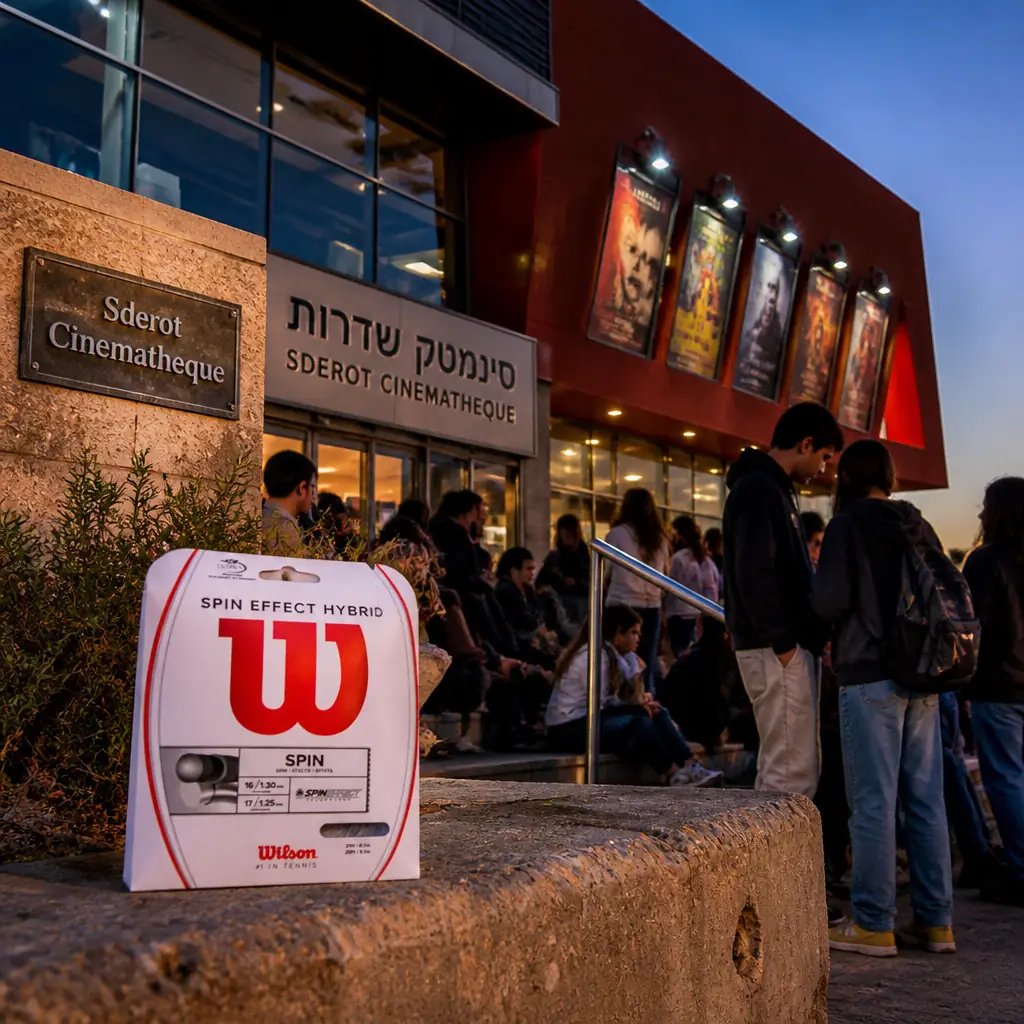 cardio tennis near Las Olas Boulevard — Sderot Cinematheque in Sderot, A modern cultural center with glass facades and cinema posters, students gathered outside under desert evening light