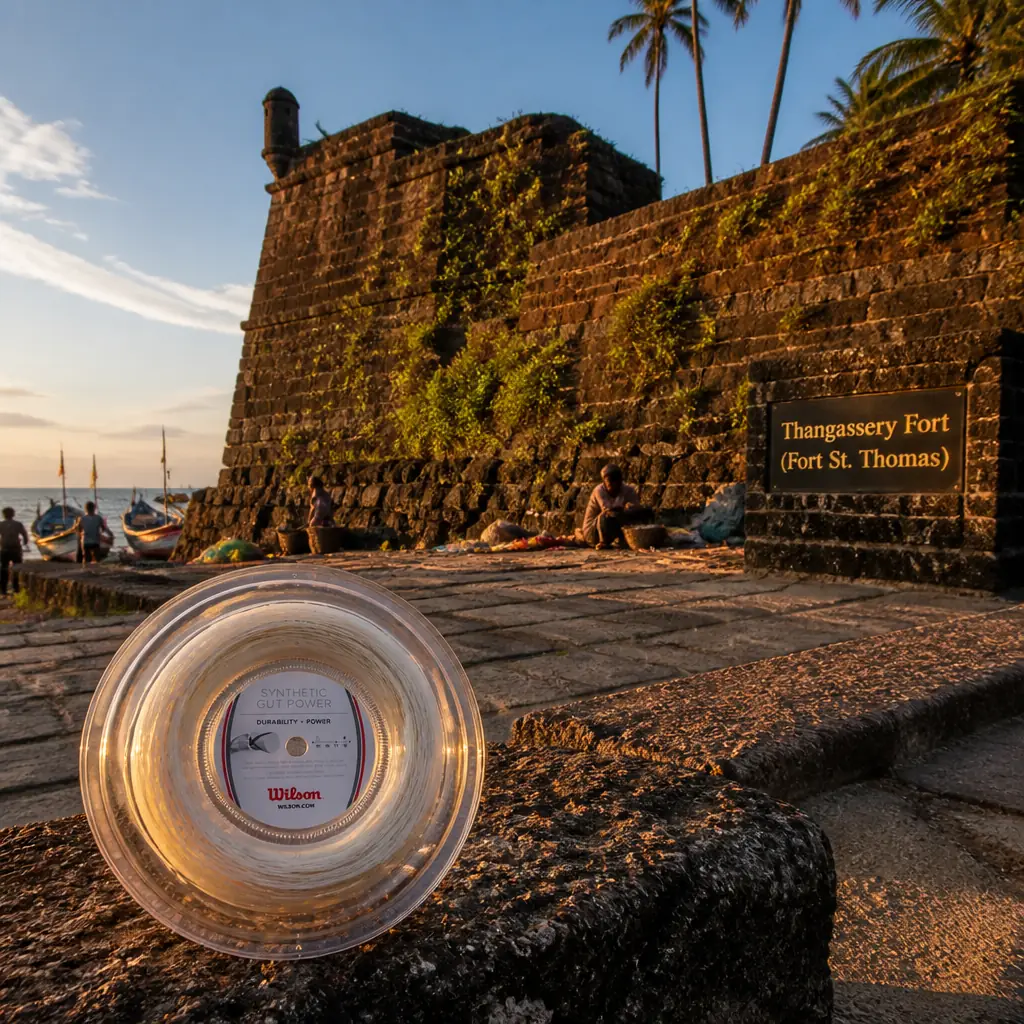 cardio tennis Oakland Park — Thangassery Fort (Fort St. Thomas) in Kollam, Weathered laterite ramparts of a ruined colonial fort standing above the surf at Thangassery near Kollam, broken walls draped in vegetation beside palm trees and fishing boats