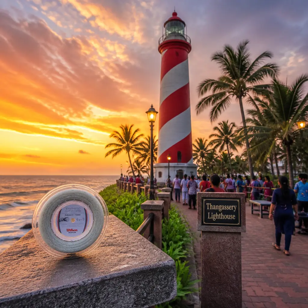cardio tennis Oakland Park — Thangassery Lighthouse in Kollam, A tall lighthouse painted in bold red and white spiral bands rising above palms on the Thangassery headland at Kollam, overlooking the Arabian Sea