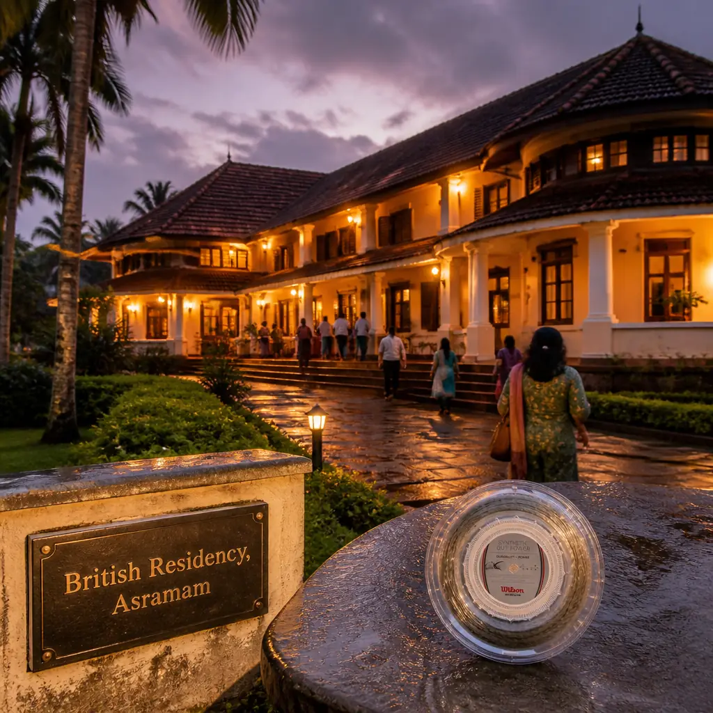 cardio tennis Oakland Park — British Residency, Asramam in Kollam, A long low colonial mansion at Asramam in Kollam with deep verandas, rounded bays, and hipped tiled roofs, set on lawns near the shore of Ashtamudi Lake