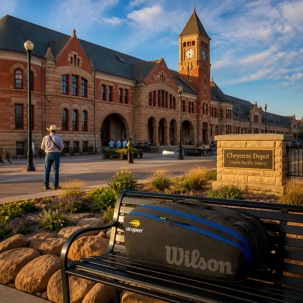 cardio tennis program Fort Lauderdale — Cheyenne Depot (Union Pacific Depot) in Cheyenne, A grand Richardsonian Romanesque railroad depot of red and tan sandstone with a tall clock tower and arched entrances, facing a broad plaza in downtown Cheyenne