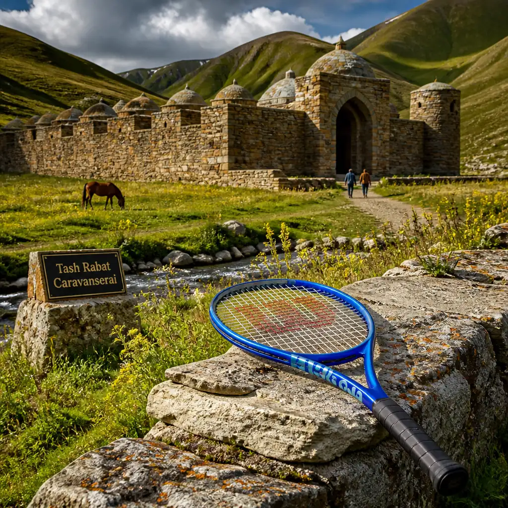 cardio tennis program — Tash Rabat Caravanserai in Naryn, A lonely domed stone caravanserai built into a green mountainside at high altitude south of Naryn, its rows of small stone domes and arched portal facing an empty alpine valley