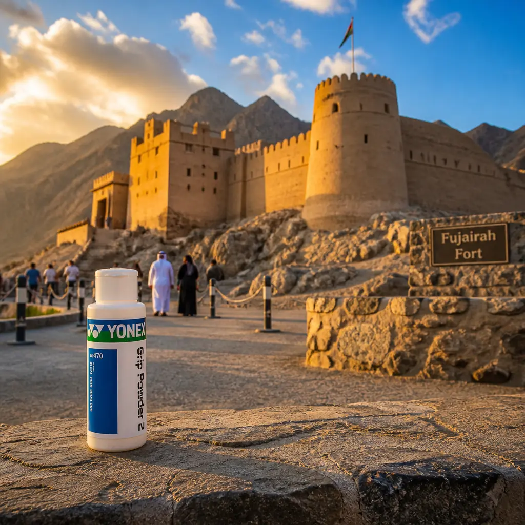 cardio tennis Rio Vista โ Fujairah Fort in Fujairah, A restored mudbrick and stone fort with round and square towers on a rocky rise above old palm groves in Fujairah, ochre walls glowing against the gray Hajar mountains